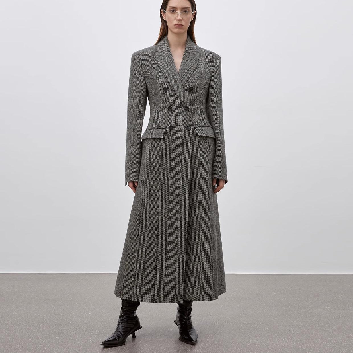 Women's Herringbone Double-Breasted Peaked Lapel Woolen Hourglass Waist Winter Coat