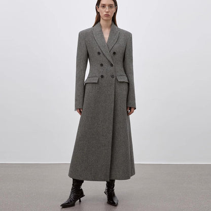 Women's Herringbone Double-Breasted Peaked Lapel Woolen Hourglass Waist Winter Coat