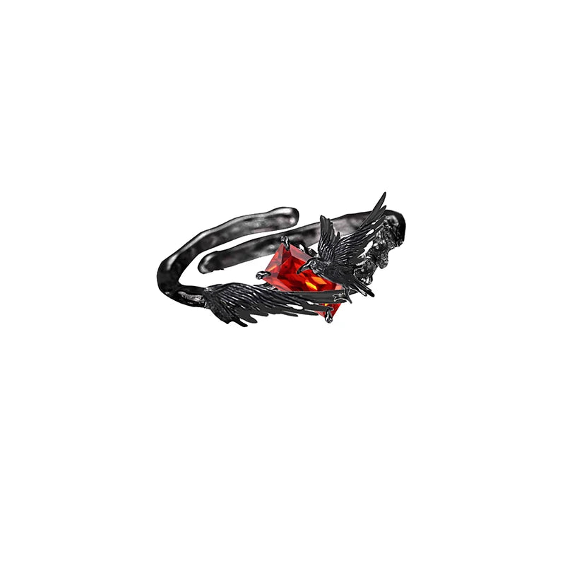 Women's Gothic Engraved Black Raven Adjustable Ring with Red Garnet Crystal - Lovez Aqua© - Default Title