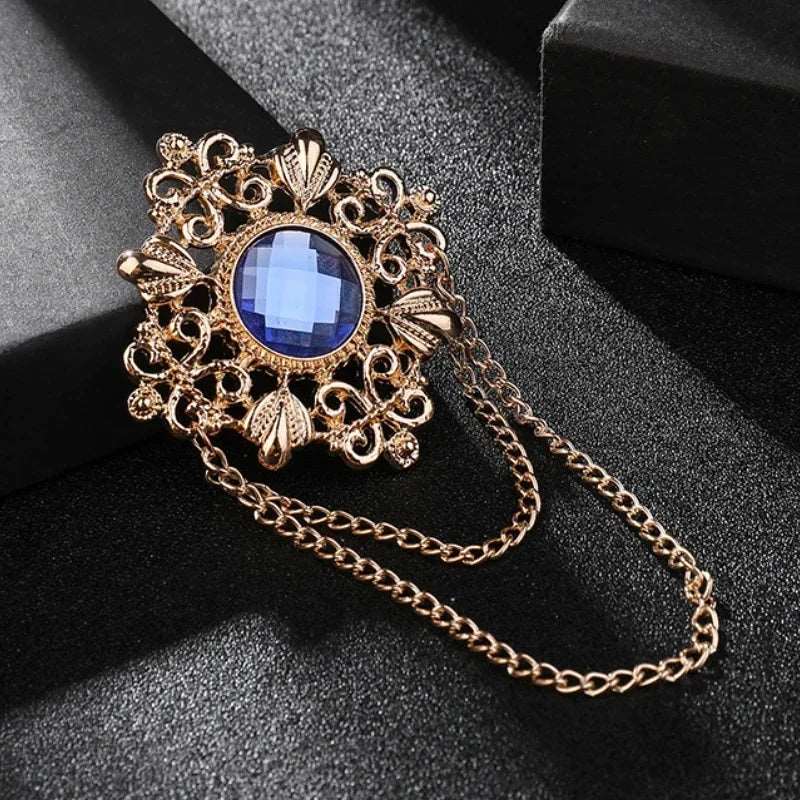 Men's Retro Baroque Style Crystal Brooch Vintage Tassel Chain Brooch - Lovez Aqua© - Gold Blue