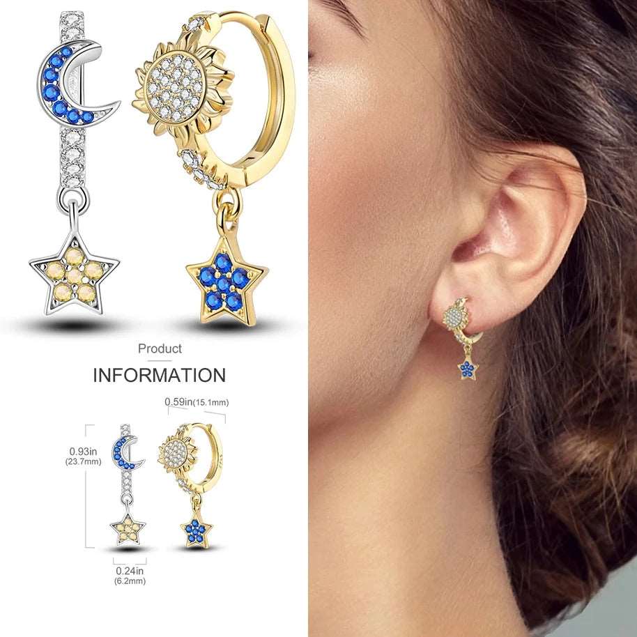 Pandora 925 Sterling Silver Two-Tone Moon, Stars & Sun Women's Earrings - Pandora - 