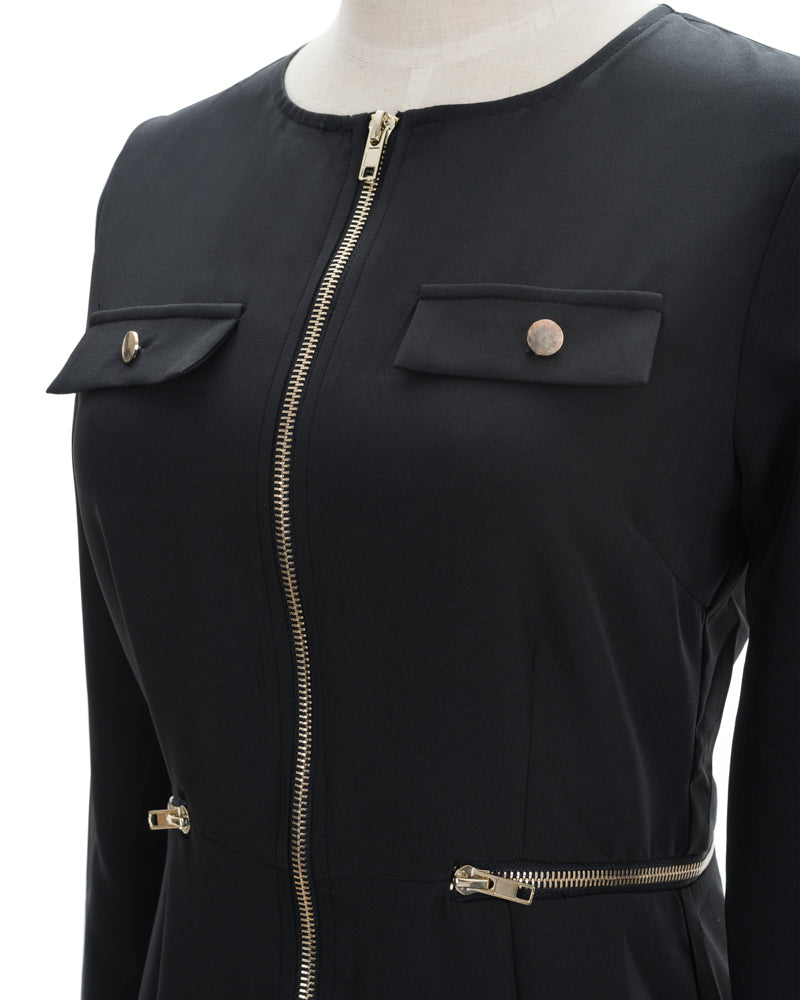 Women's Long Sleeve Black Bodycon Mini Dress with Gold Zipper & Buttons - Lovez Aqua© - 