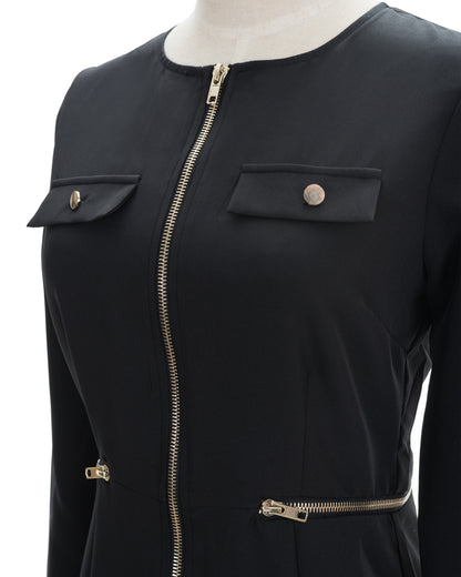 Women's Long Sleeve Black Bodycon Mini Dress with Gold Zipper & Buttons - Lovez Aqua© - 