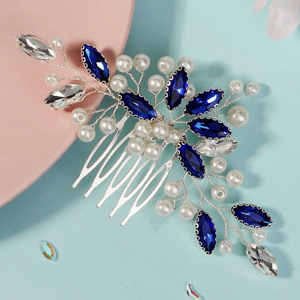 Women's Delicate Crystal Rhinestone & Pearl Flower Bridal Hair Comb - Lovez Aqua© - G9