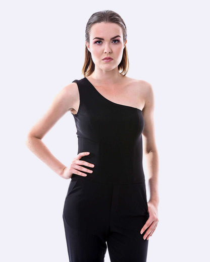 Women's Sleek Black Jersey One Shoulder Pantsuit - Lovez Aqua© - 