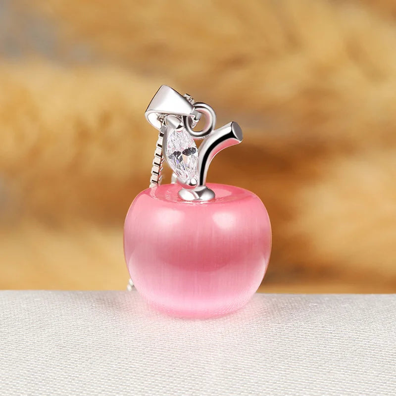 Women's Cute Apple Pendant Necklace with Cubic Zirconia Accents & Fine Chain - Lovez Aqua© - Pink