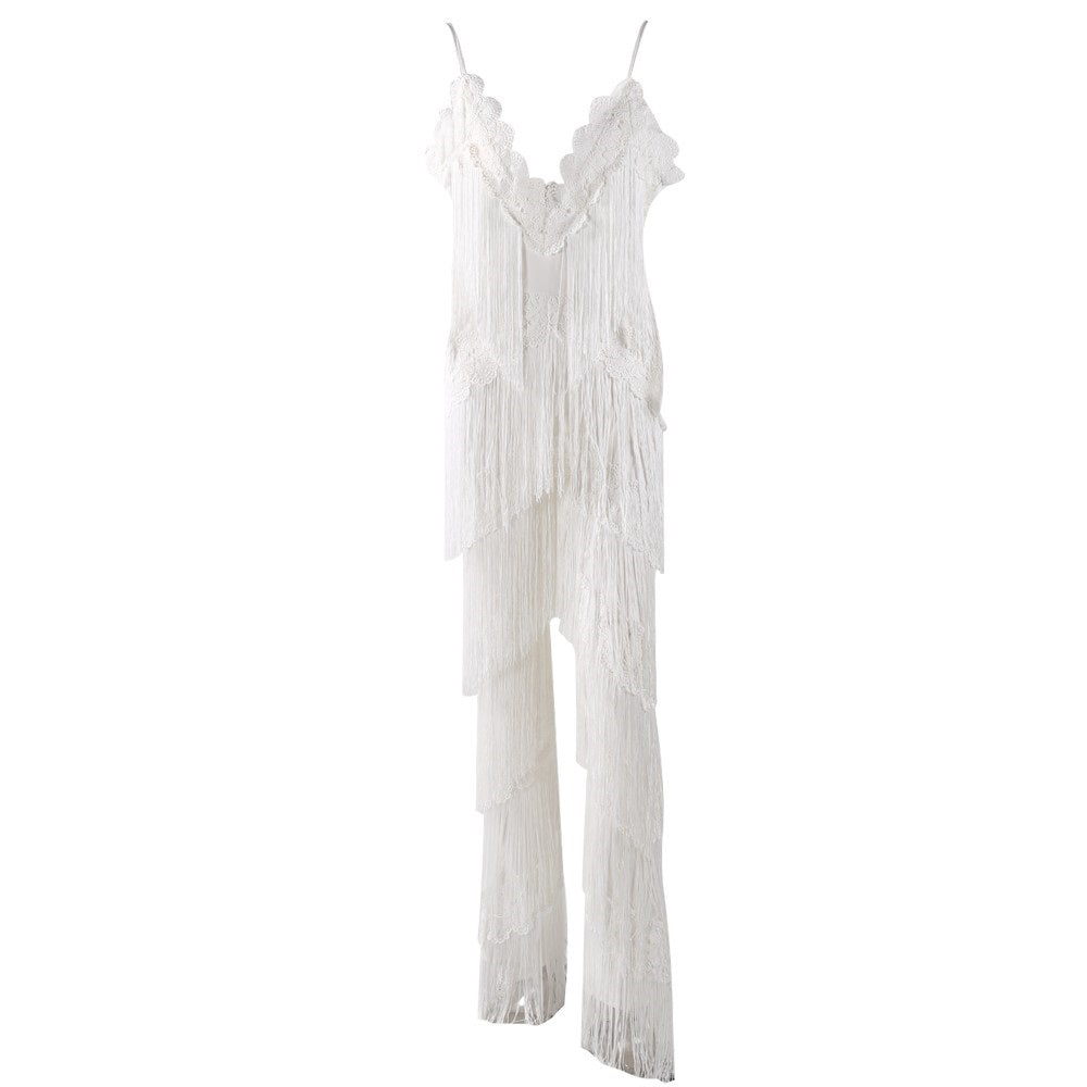 Women's White Tassel Loose Fit Flared Jumpsuit - Lovez Aqua© - 