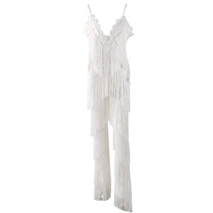 Women's White Tassel Loose Fit Flared Jumpsuit - Lovez Aqua© - 
