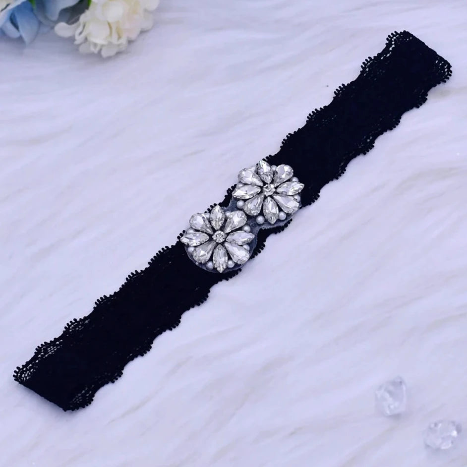 Women's Rhinestone & Pearl Embellished Floral Lace Bridal Garter Belt - Lovez Aqua© - 3