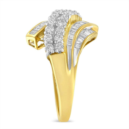 10K Yellow Gold 1.0 Cttw Round & Baguette Diamond Bypass Channel Statement Ring - Lovez Aqua© - 