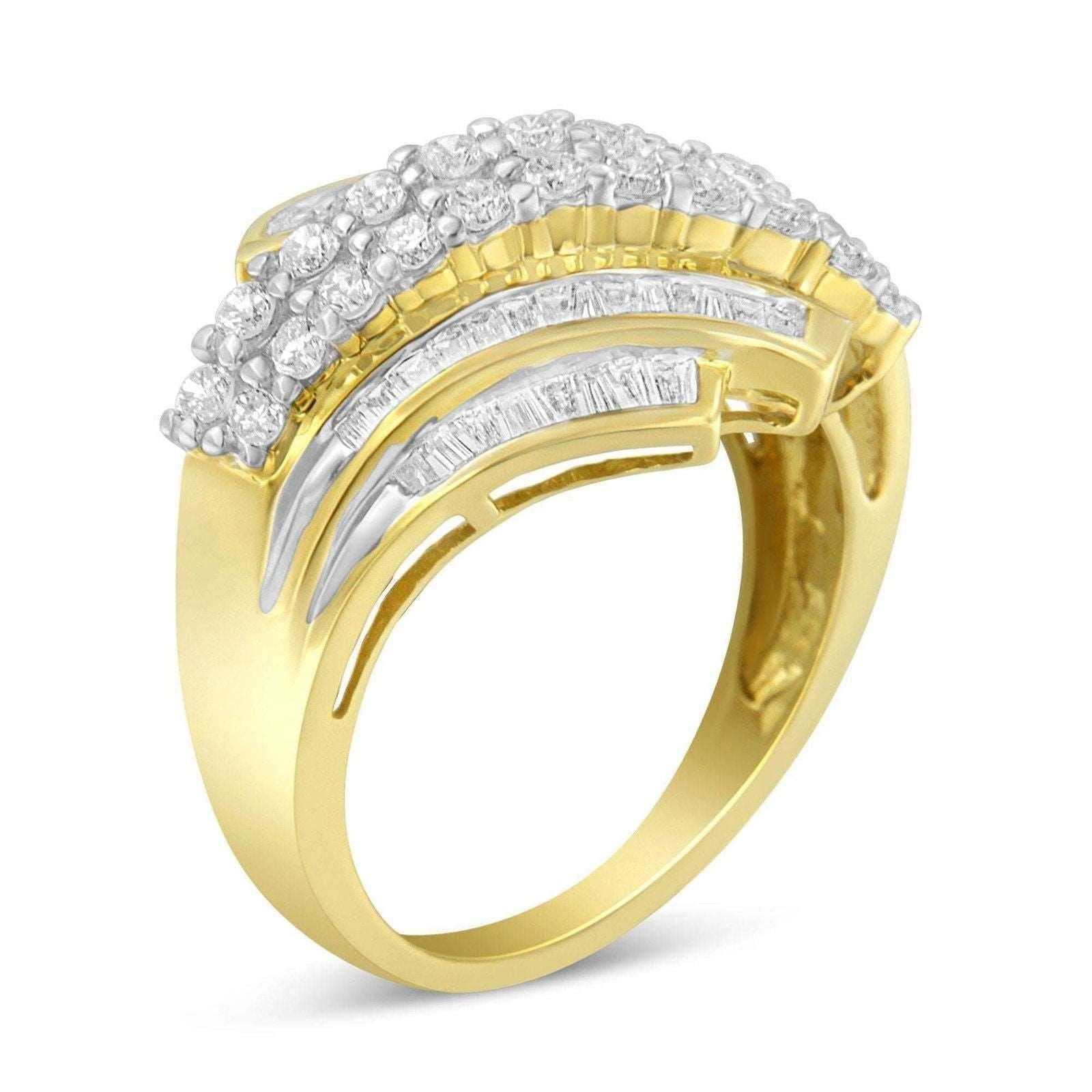 10K Yellow Gold 1.0 Cttw Round & Baguette Diamond Bypass Channel Statement Ring - Lovez Aqua© - 