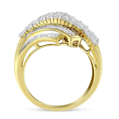 10K Yellow Gold 1.0 Cttw Round & Baguette Diamond Bypass Channel Statement Ring - Lovez Aqua© - 