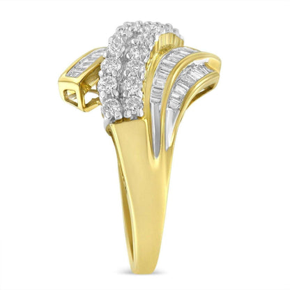 10K Yellow Gold 1.0 Cttw Round & Baguette Diamond Bypass Channel Statement Ring - Lovez Aqua© - 