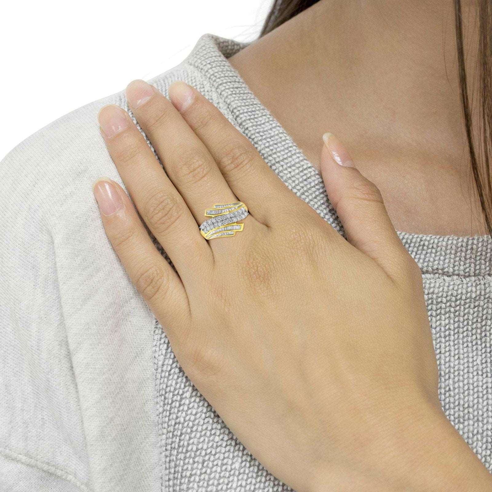 10K Yellow Gold 1.0 Cttw Round & Baguette Diamond Bypass Channel Statement Ring - Lovez Aqua© - 