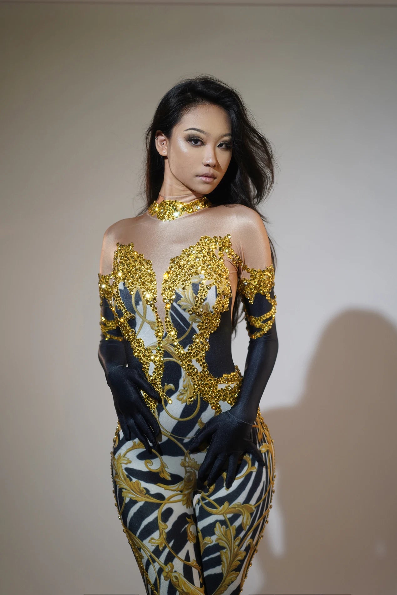 Women's Abstract Rhinestones Skinny Fit Black, White & Gold Jumpsuit - Lovez Aqua© - 