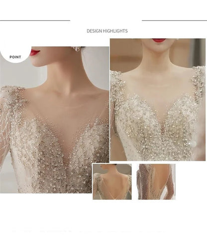 White Long Sleeve V-Back Lace Wedding Dress With Beaded Details & Sheer Overlay - Lovez Aqua© - 