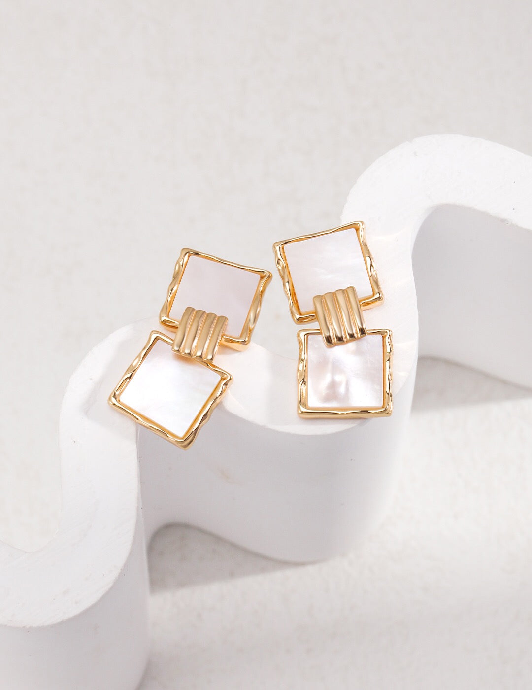 Women's Stylish 18K Gold-Plated Vermeil Square Shell Pendant Dangle Earrings - Lovez Aqua© - 