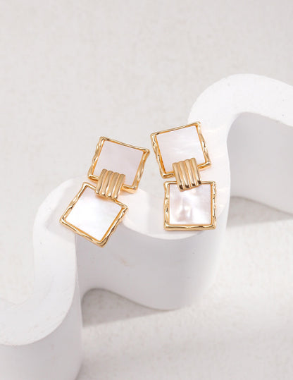 Women's Stylish 18K Gold-Plated Vermeil Square Shell Pendant Dangle Earrings - Lovez Aqua© - 
