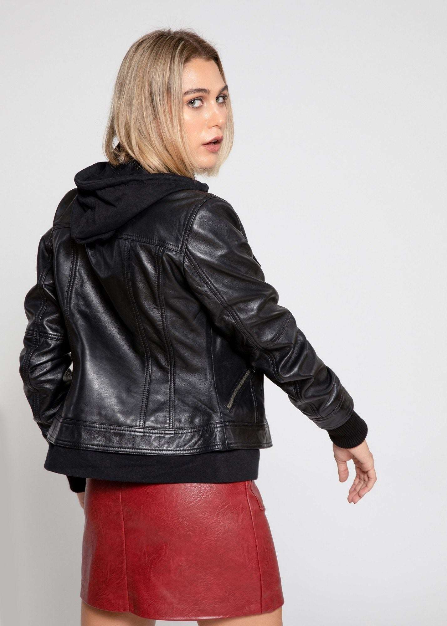 Women's Genuine Lambskin Leather Jacket with Fleece Hoodie & Pockets - Lovez Aqua© - 