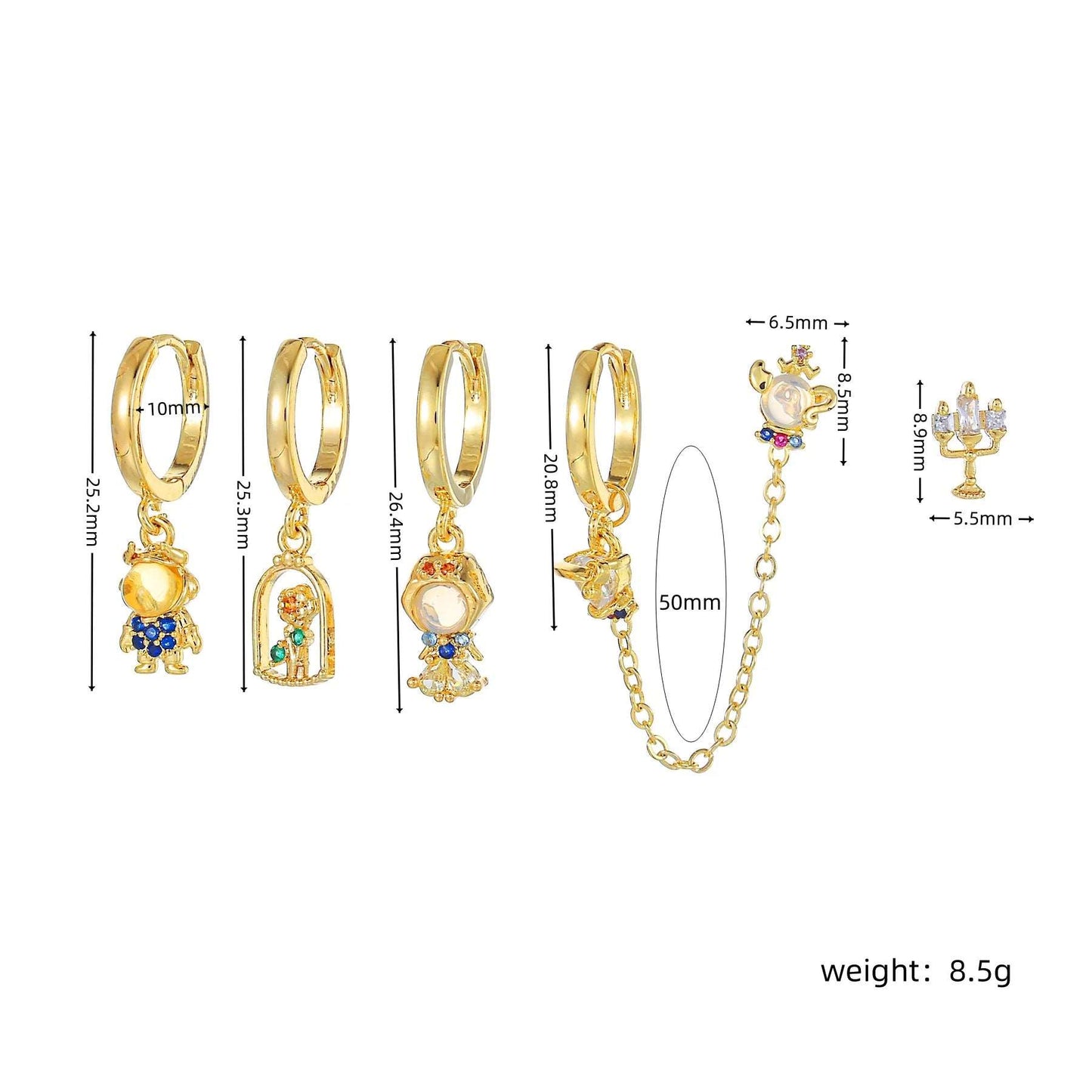 Disney's Beauty & the Beast Belle Gold Plated Zircon Stud Earrings (5 Pieces) - Disney - 