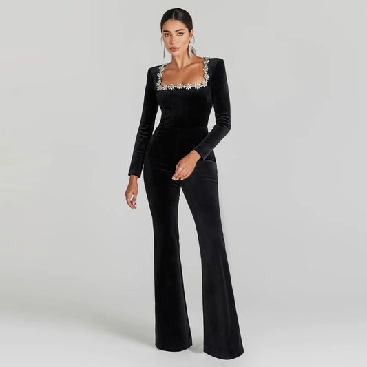 Women's Sparkling Rhinestone Square Neck Black Velvet Jumpsuit with Flared Legs - Lovez Aqua© - 