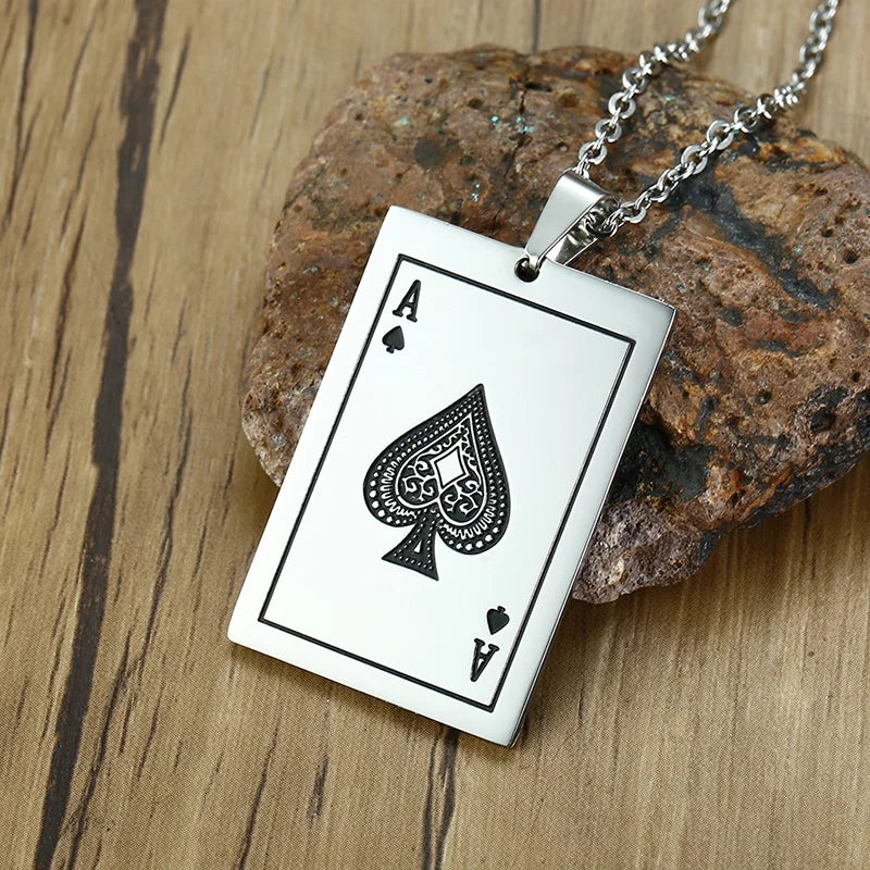 Men's Ace of Spades Poker Card Stainless Steel Dog Tag Necklace - Lovez Aqua© - 