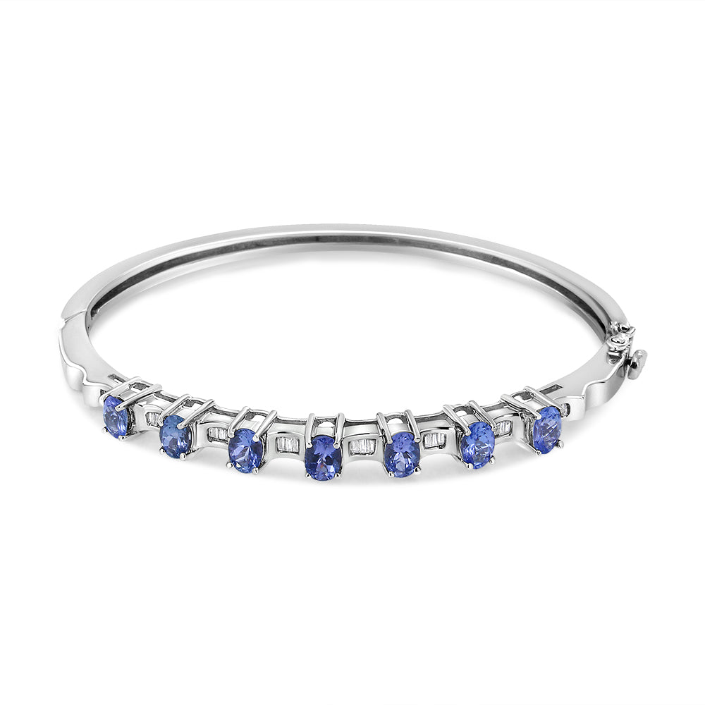 14K White Gold Women's Oval Blue Tanzanite Gemstone & 1/4 Cttw Diamond Bangle - Lovez Aqua© - 
