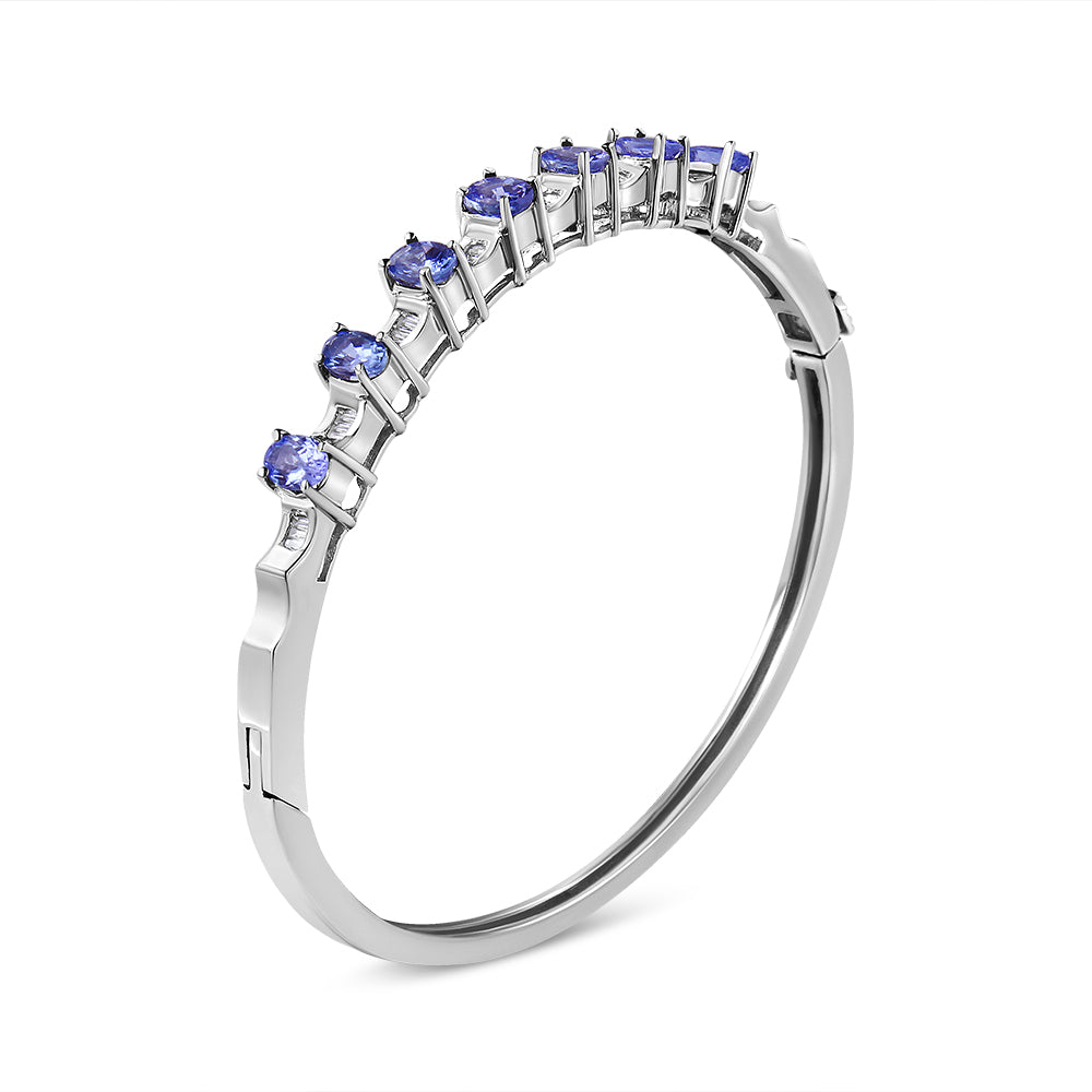 14K White Gold Women's Oval Blue Tanzanite Gemstone & 1/4 Cttw Diamond Bangle - Lovez Aqua© - 