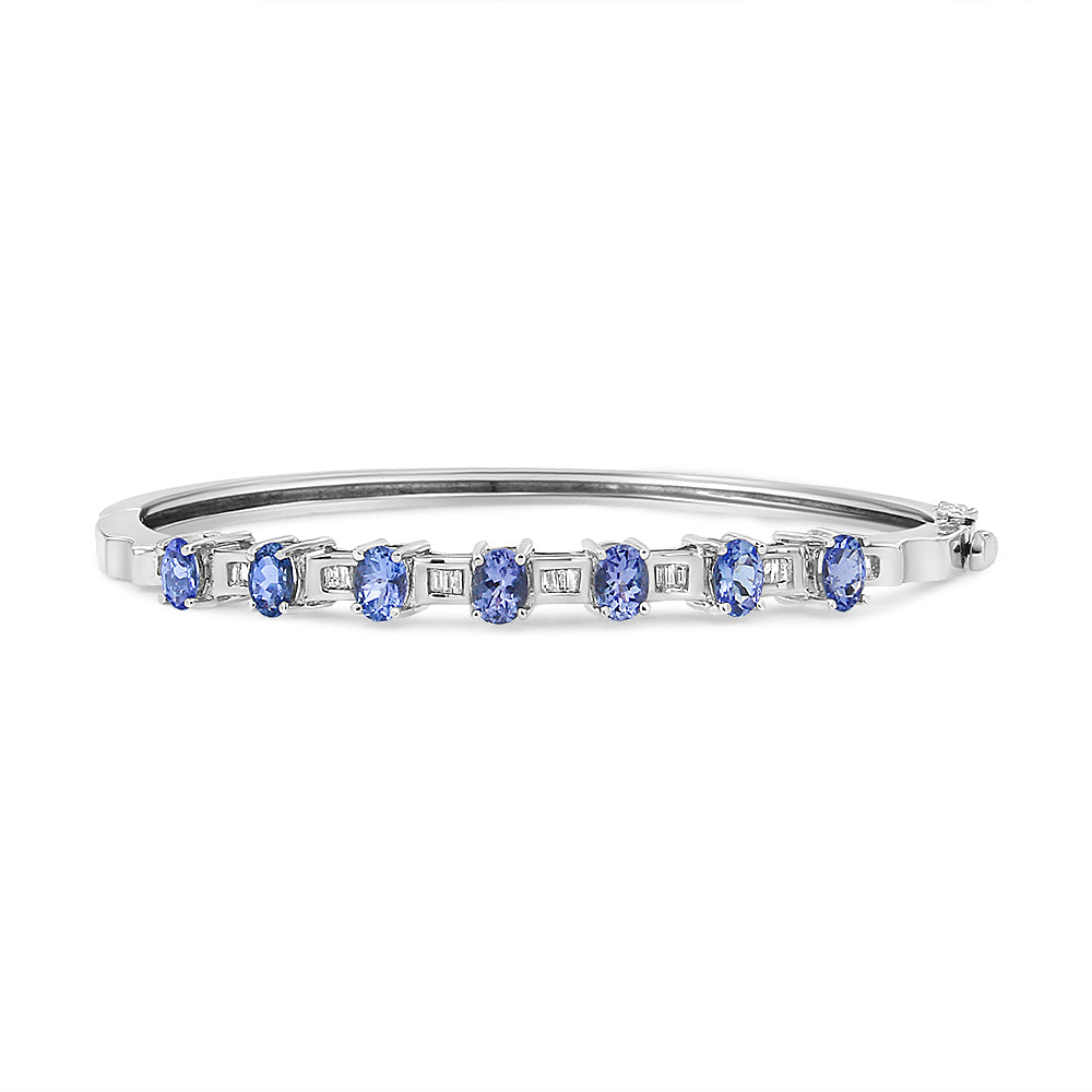 14K White Gold Women's Oval Blue Tanzanite Gemstone & 1/4 Cttw Diamond Bangle - Lovez Aqua© - 