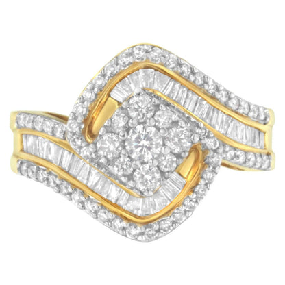 14K Yellow Gold 1 Cttw Baguette & Brilliant-Cut Diamond Cluster Engagement Ring - Lovez Aqua© - 