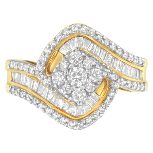 14K Yellow Gold 1 Cttw Baguette & Brilliant-Cut Diamond Cluster Engagement Ring - Lovez Aqua© - 