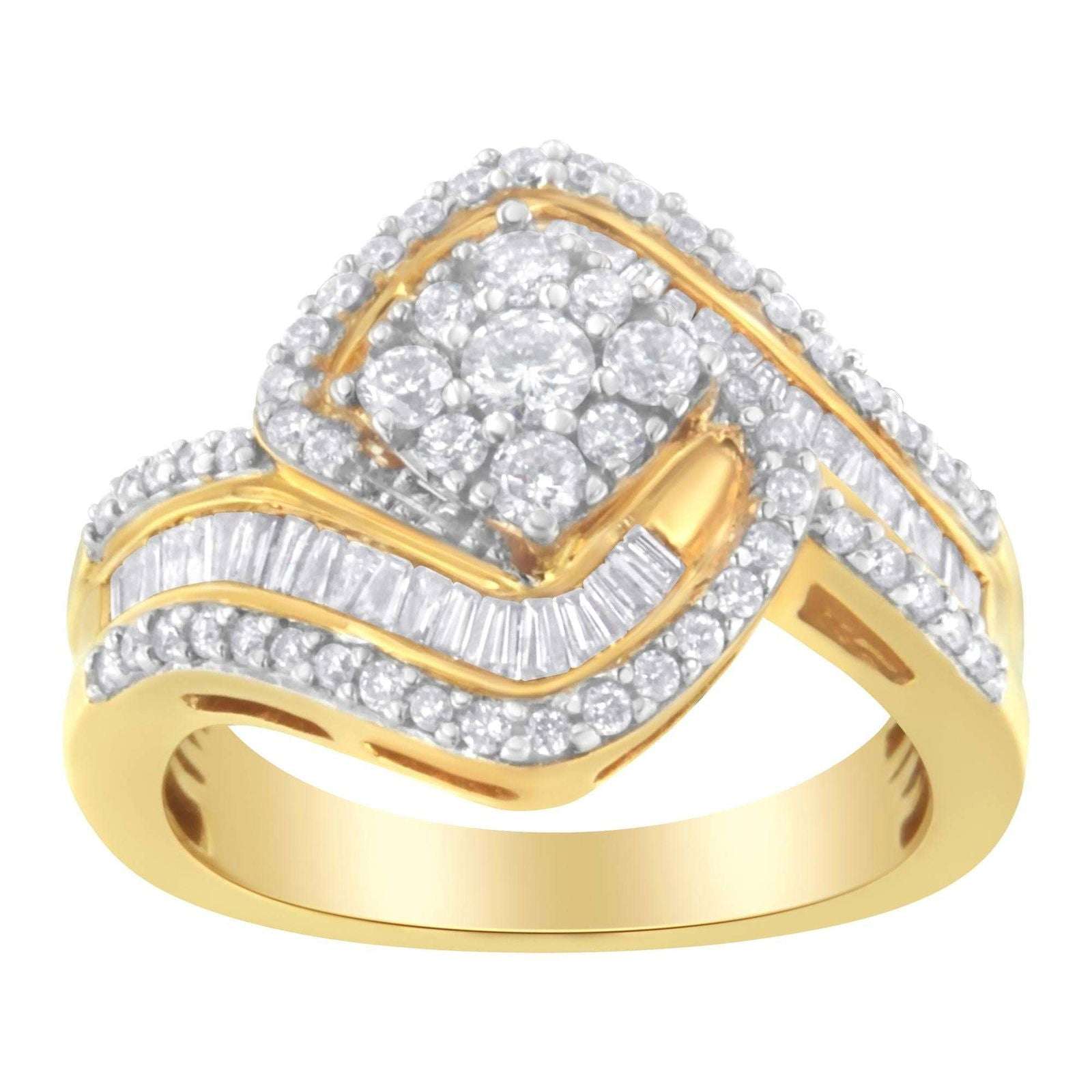14K Yellow Gold 1 Cttw Baguette & Brilliant-Cut Diamond Cluster Engagement Ring - Lovez Aqua© - 