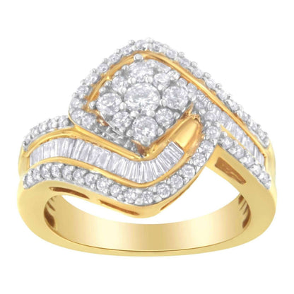 14K Yellow Gold 1 Cttw Baguette & Brilliant-Cut Diamond Cluster Engagement Ring - Lovez Aqua© - 