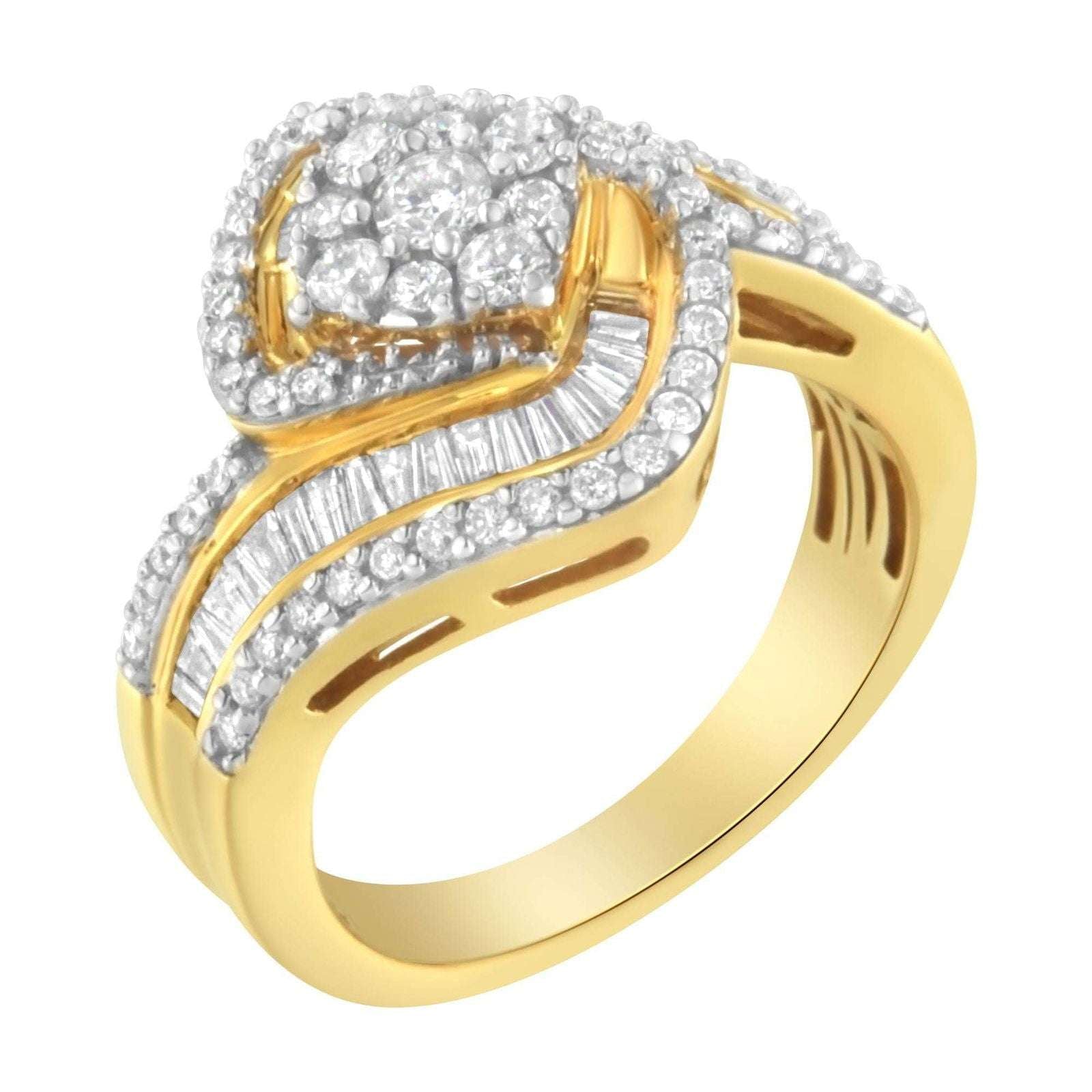 14K Yellow Gold 1 Cttw Baguette & Brilliant-Cut Diamond Cluster Engagement Ring - Lovez Aqua© - 