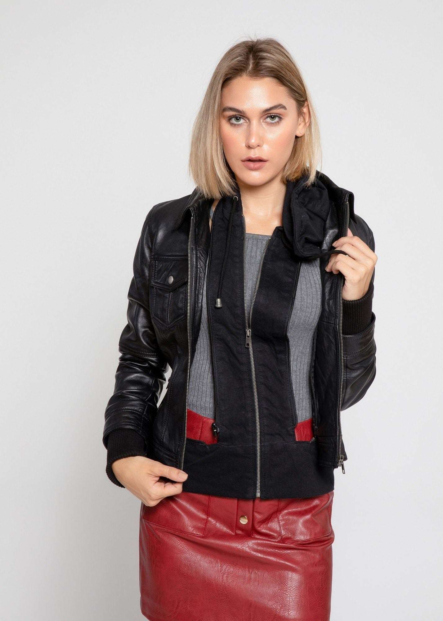 Women's Genuine Lambskin Leather Jacket with Fleece Hoodie & Pockets - Lovez Aqua© - 