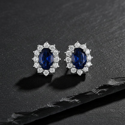 14k White Gold Oval Blue Sapphire & Diamond Accented Earrings (2.05ct) - Lovez Aqua© - 