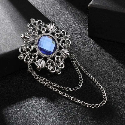 Men's Retro Baroque Style Crystal Brooch Vintage Tassel Chain Brooch - Lovez Aqua© - Silver Blue