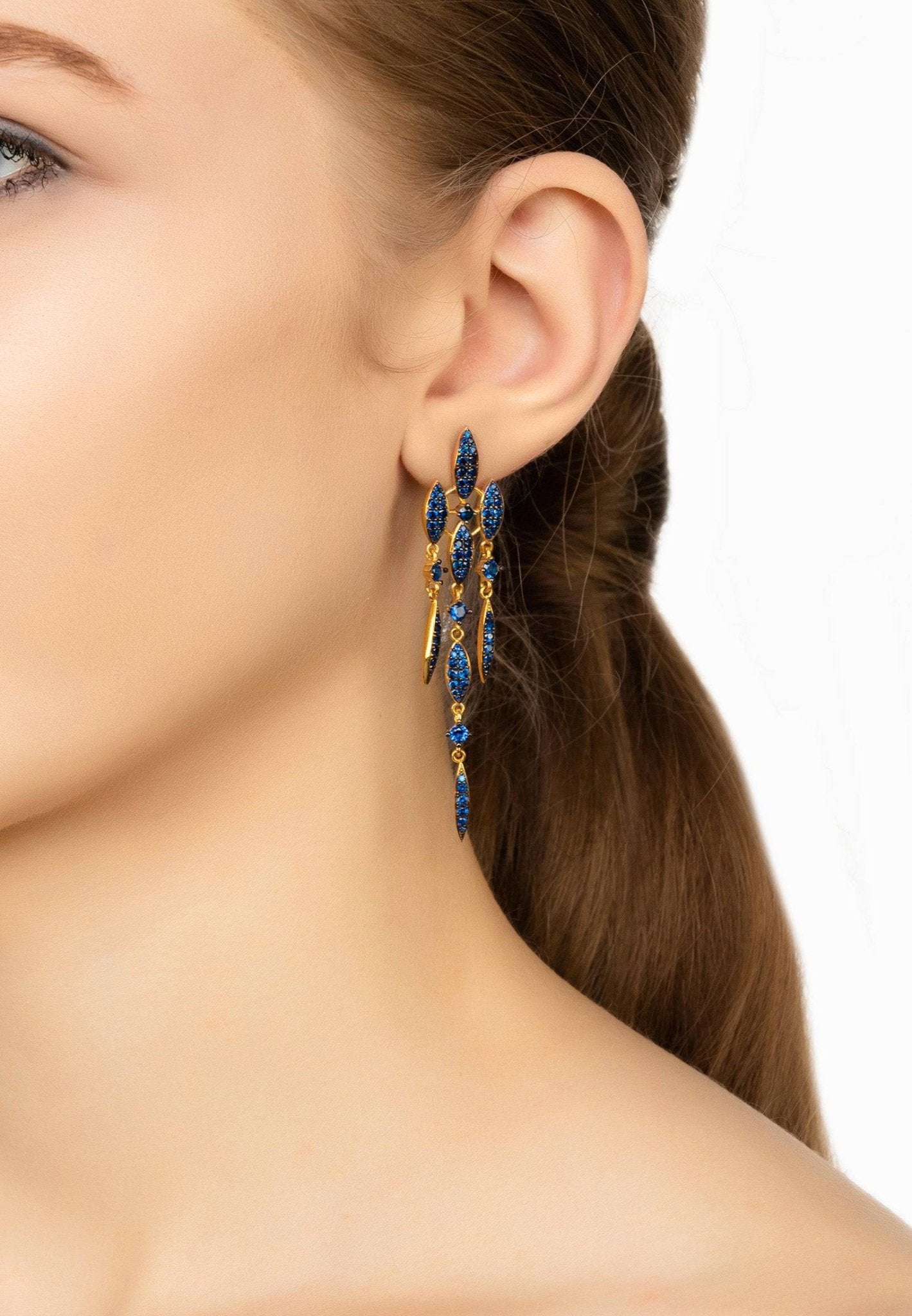 Women's Luxury Sapphire Blue Cubic Zirconia Gold Flat Back Drop Earrings - Lovez Aqua© - 