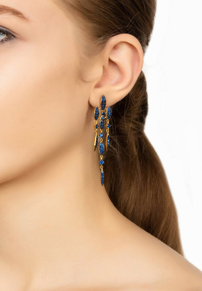 Women's Luxury Sapphire Blue Cubic Zirconia Gold Flat Back Drop Earrings - Lovez Aqua© - 