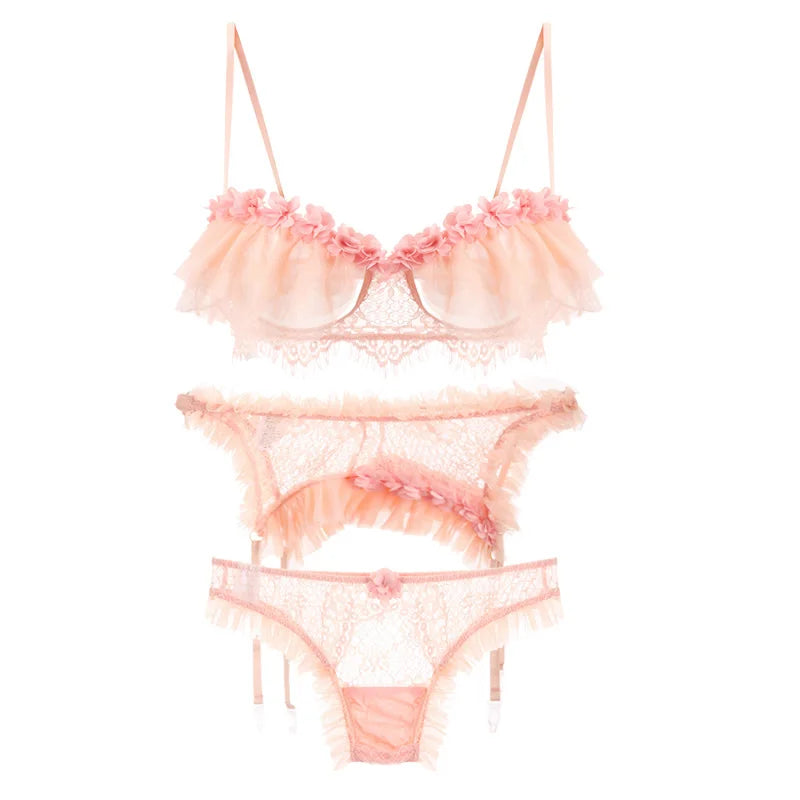 Women's Delicate Pink Transparent Lace & Ruffles Bra, Thongs & Garter Lingerie - Lovez Aqua© - 