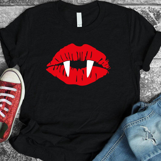 Women's Vampire Lips & Fangs Halloween Cotton T-Shirt - Lovez Aqua© - 