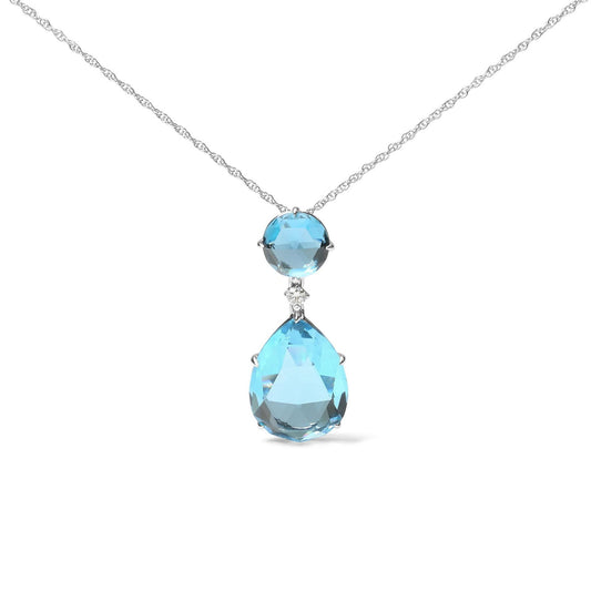 18K White Gold Diamond Round London Blue & Pear Cut Sky Blue Topaz Necklace - Lovez Aqua© - 
