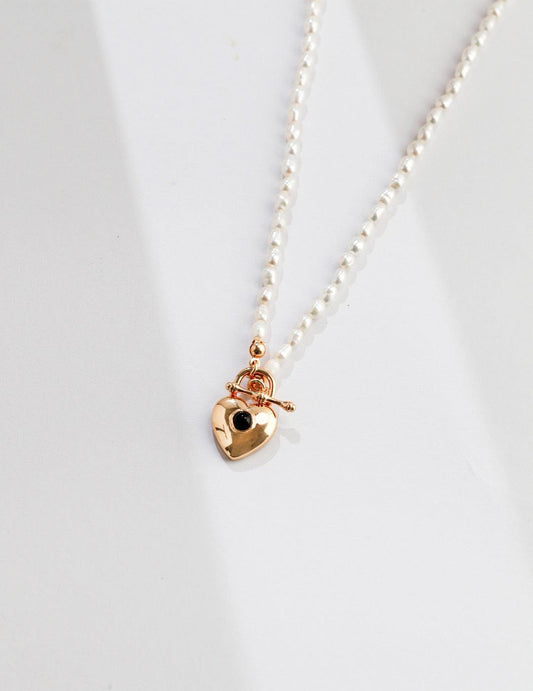 18ct Gold Vermeil & Natural Pearl Heart Padlock Pendant Necklace - Lovez Aqua© - Jewelry Pouch