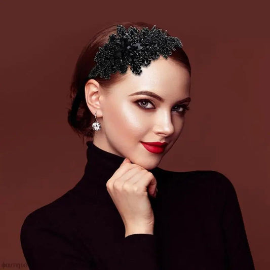 1920s Flapper Elastic Headband With Floral Rhinestone Details - Lovez Aqua© - 