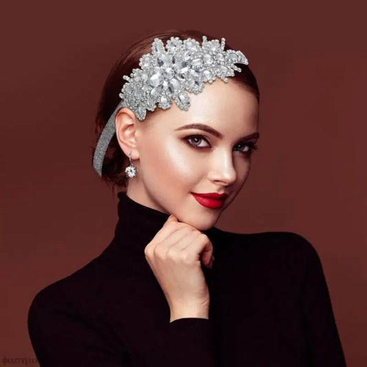 1920s Flapper Elastic Headband With Floral Rhinestone Details - Lovez Aqua© - 