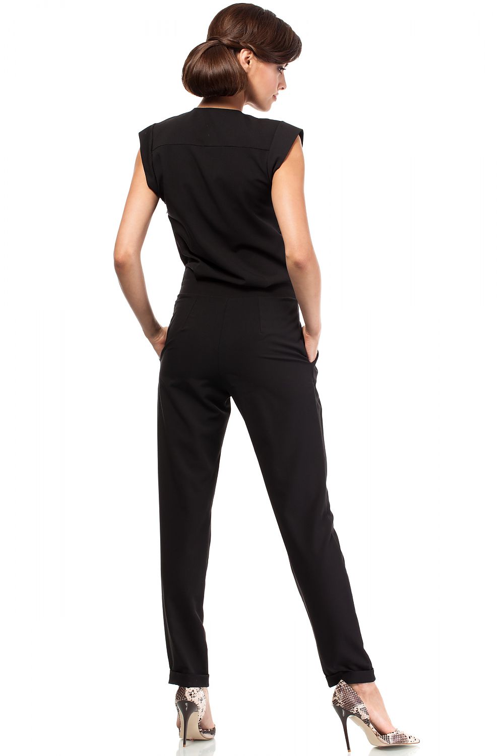 Women's Black Jumpsuit with Draped Neckline & Tapered Legs - Lovez Aqua© - 