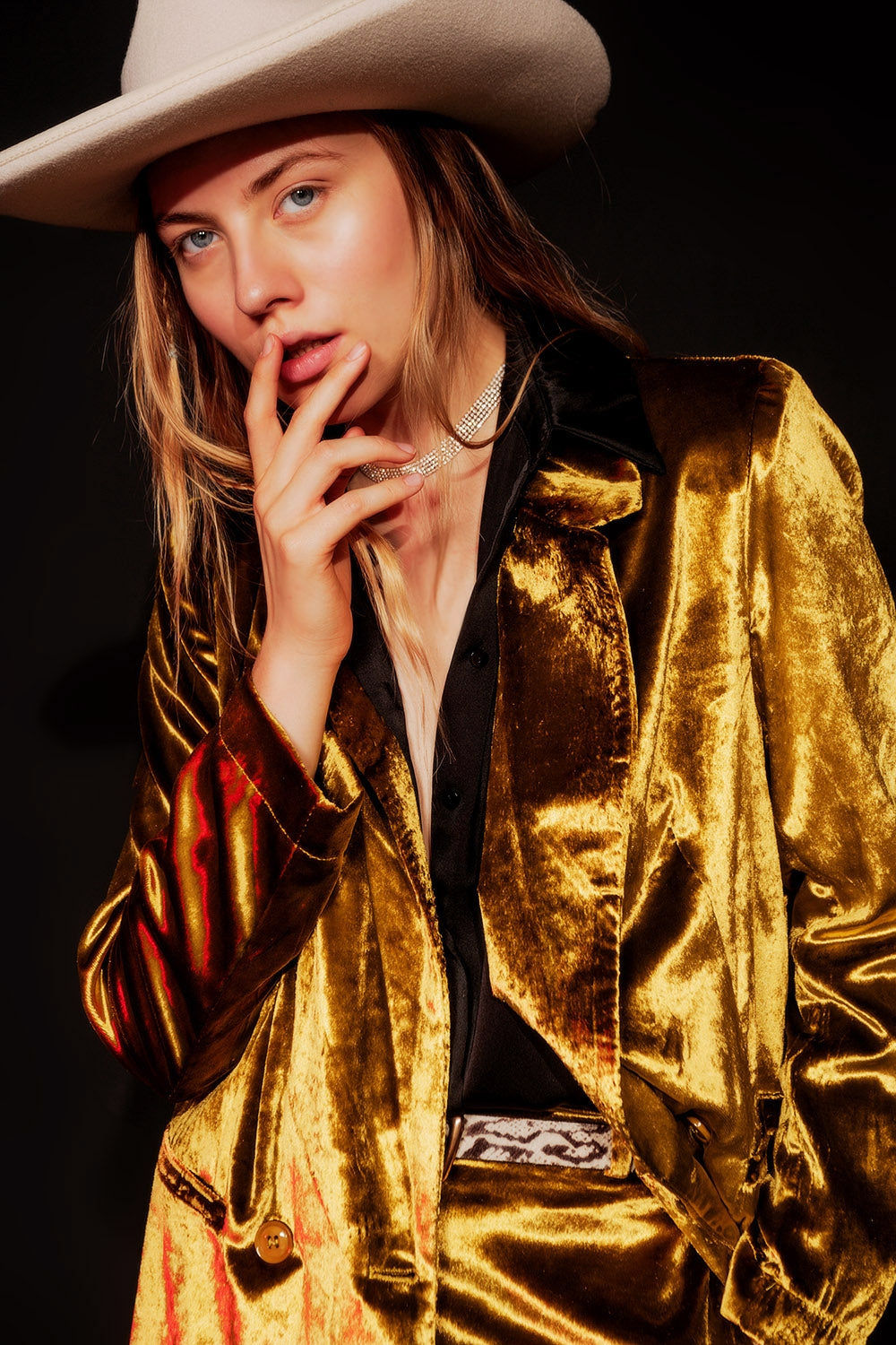 Women's Metallic Gold Velvet Oversized Long Sleeve Buttoned Blazer Jacket - Lovez Aqua© - 