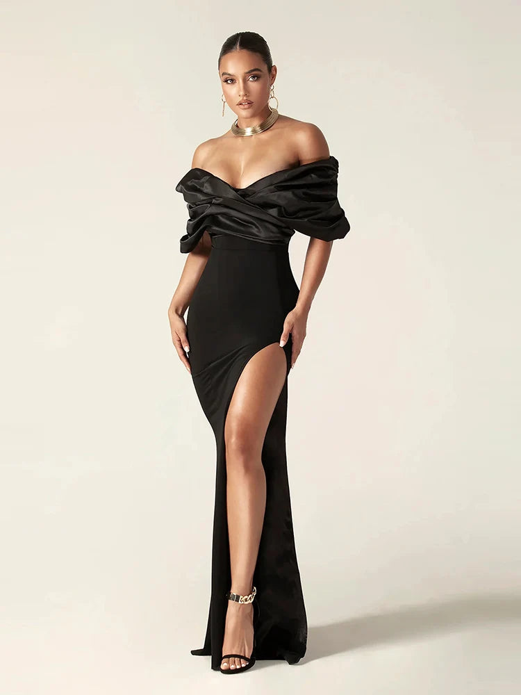Women's Black Satin Ruffle Shoulder Bodycon High Slit Maxi Evening Dress - Lovez Aqua© - 