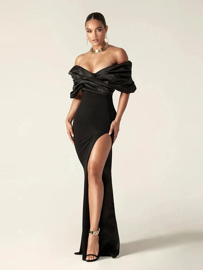 Women's Black Satin Ruffle Shoulder Bodycon High Slit Maxi Evening Dress - Lovez Aqua© - 
