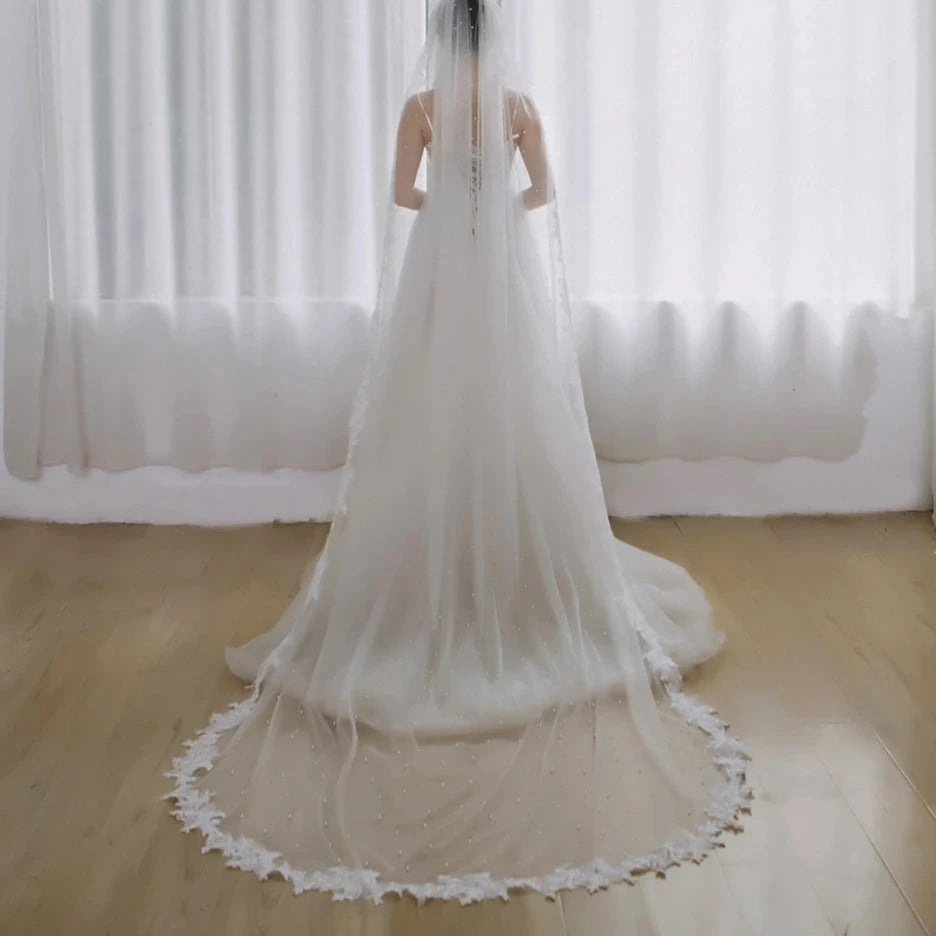 White Faux Pearl Beaded Cathedral Length Laced Edge Long Bridal Wedding Veil - Lovez Aqua© - 